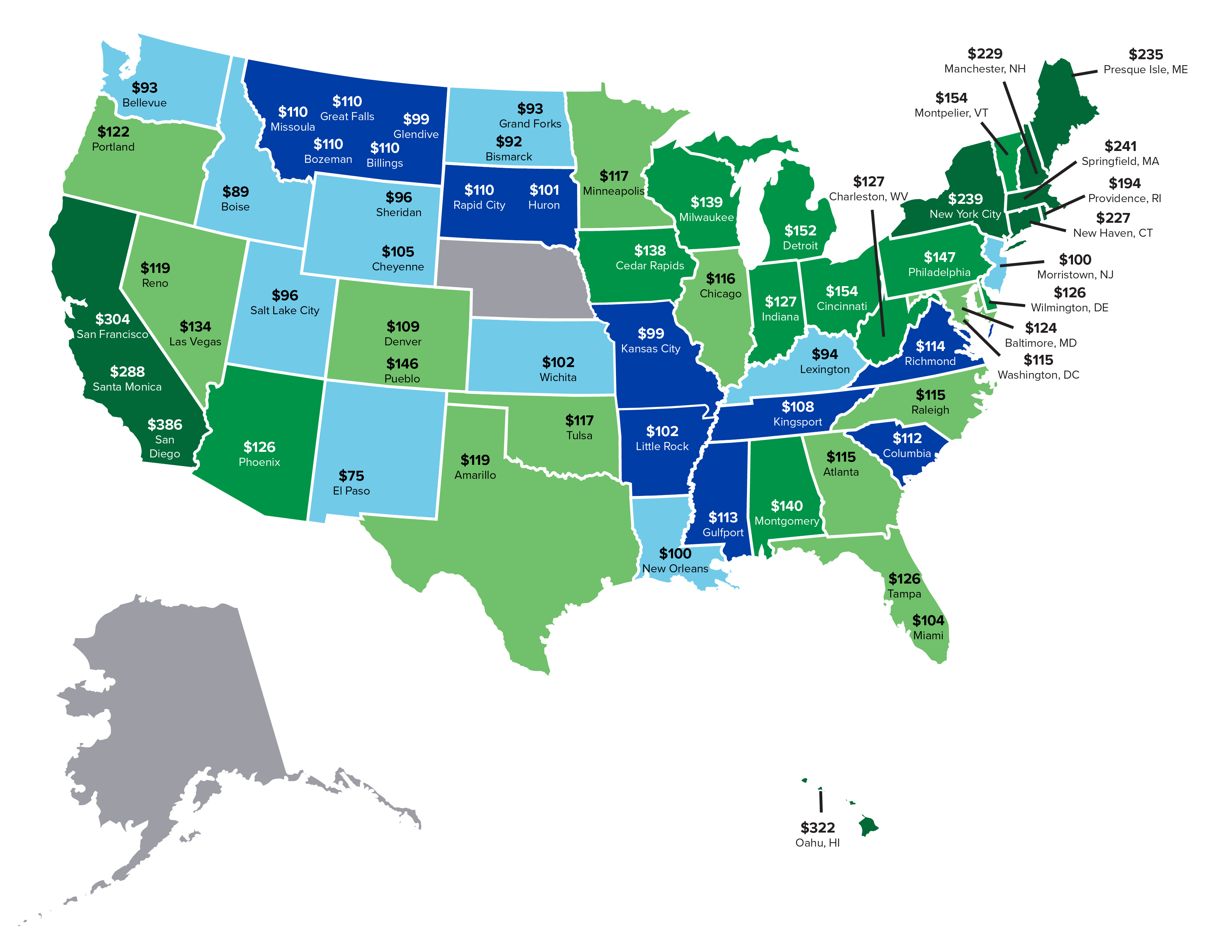 Map showing comparison of electric rates across the country.